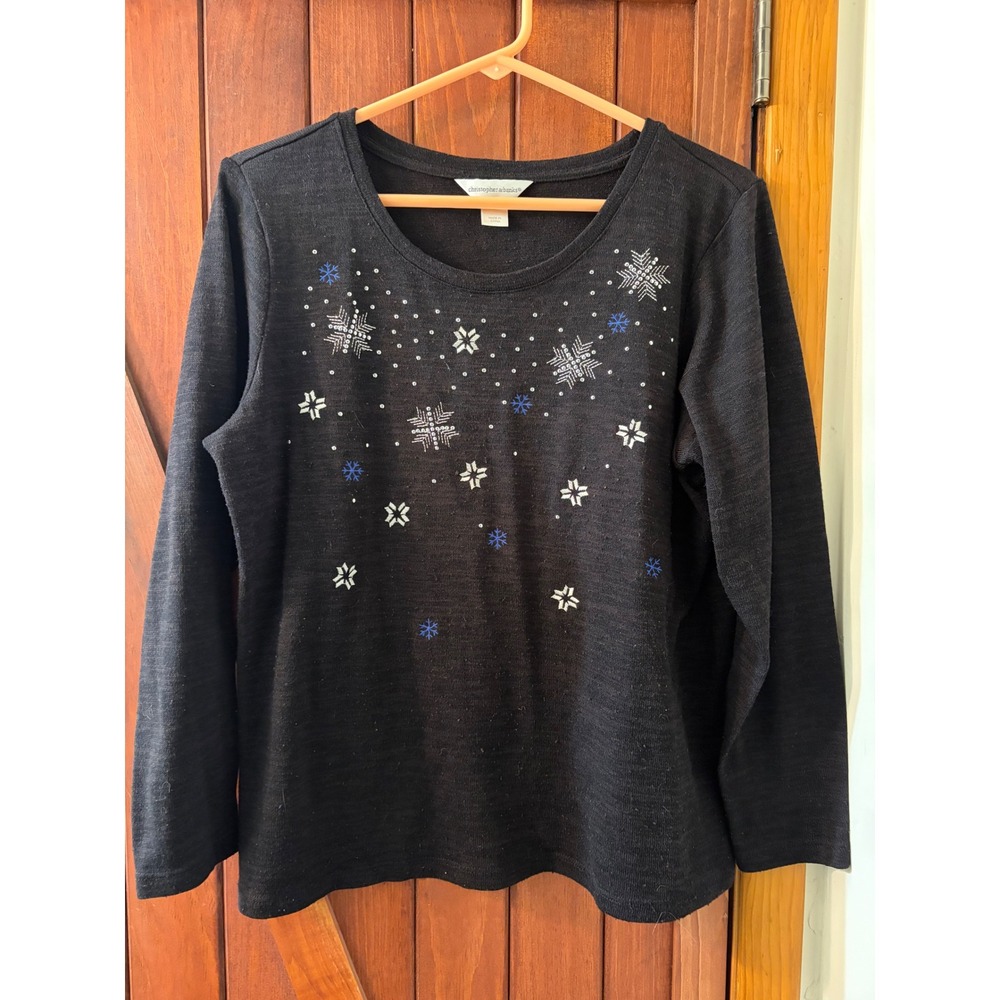 Christopher & Banks Womens Medium Black Snowflake Rhinestone Knit Top Sweater M